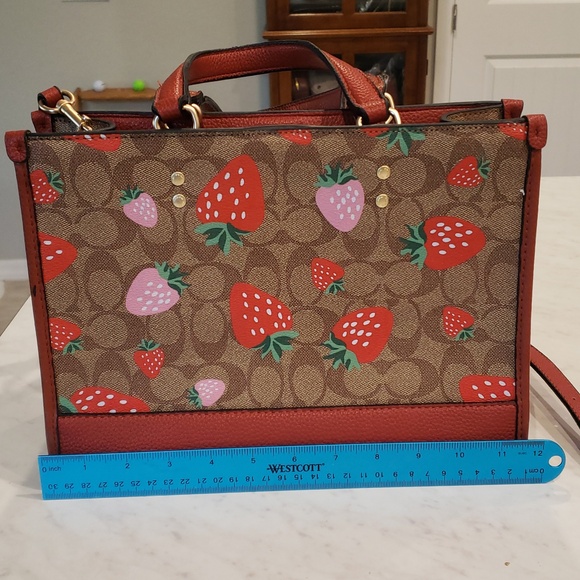 Coach Brown Signature Satchel with Red & Pink Strawberry Print Size Medium - Picture 8 of 16
